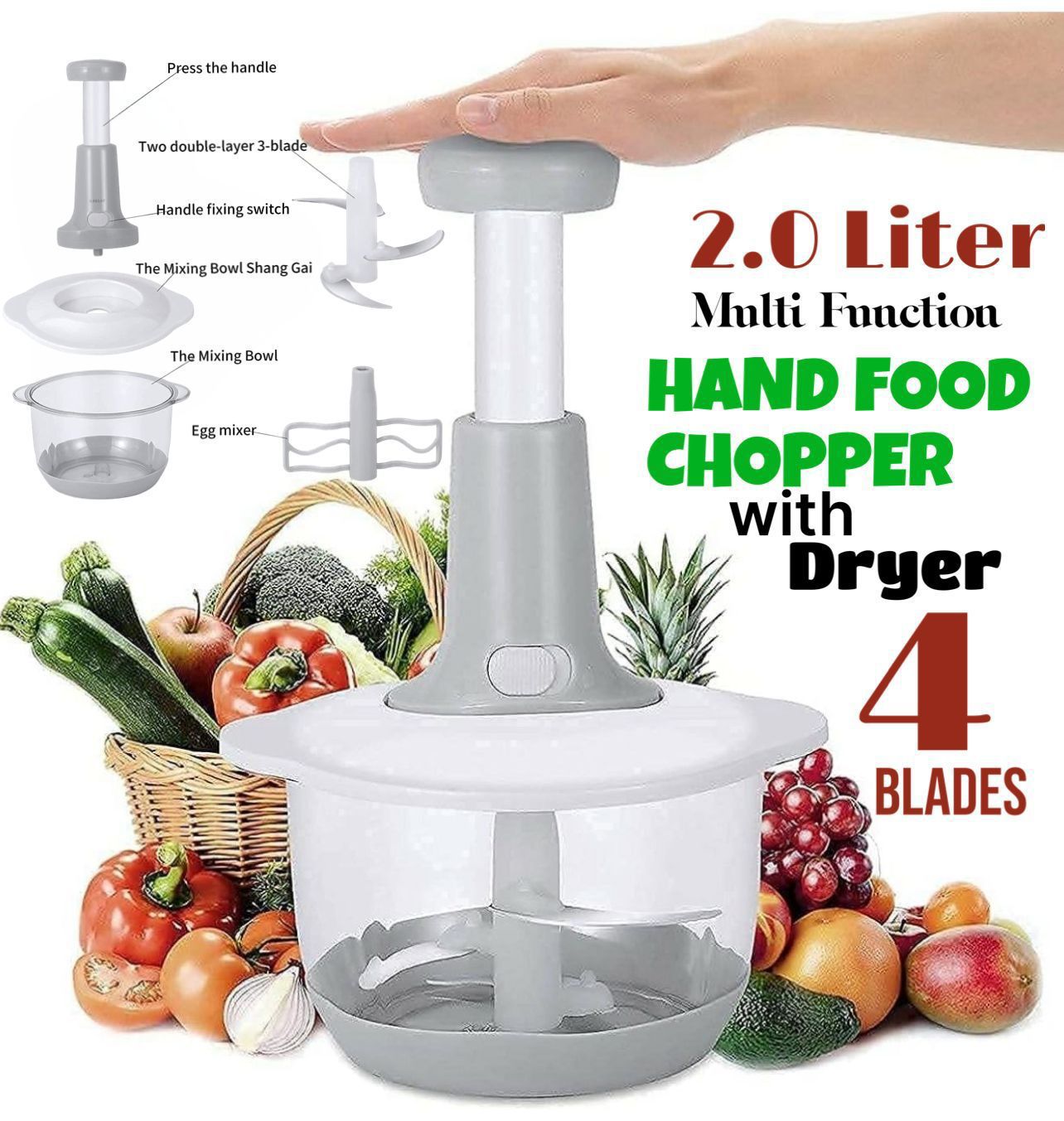 2.0Litre 4 Blades Push Vegetable Chopper (Box Packing) with Lock and Beater 4Blades