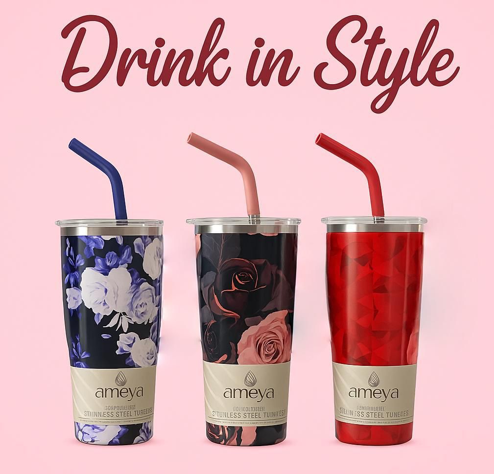 NewFloral Stainless Steel 590ml Double  Tumbler with Steel Straw (Mix/Random colour)