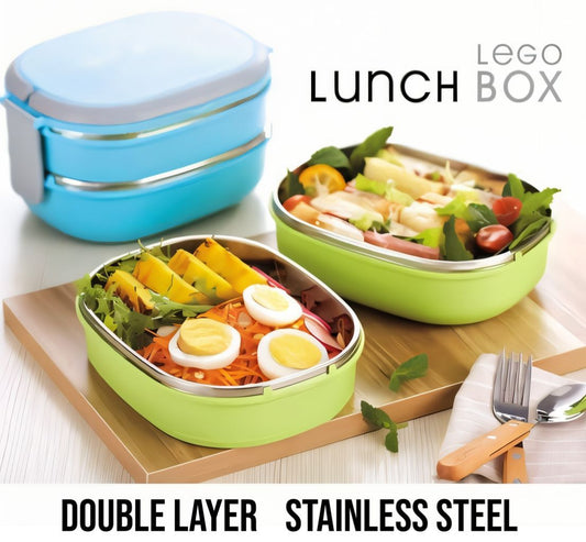 Double Layer Stainless Steel Inner HotnCold Lunch Box with Box Packing (Mix/Random colour)