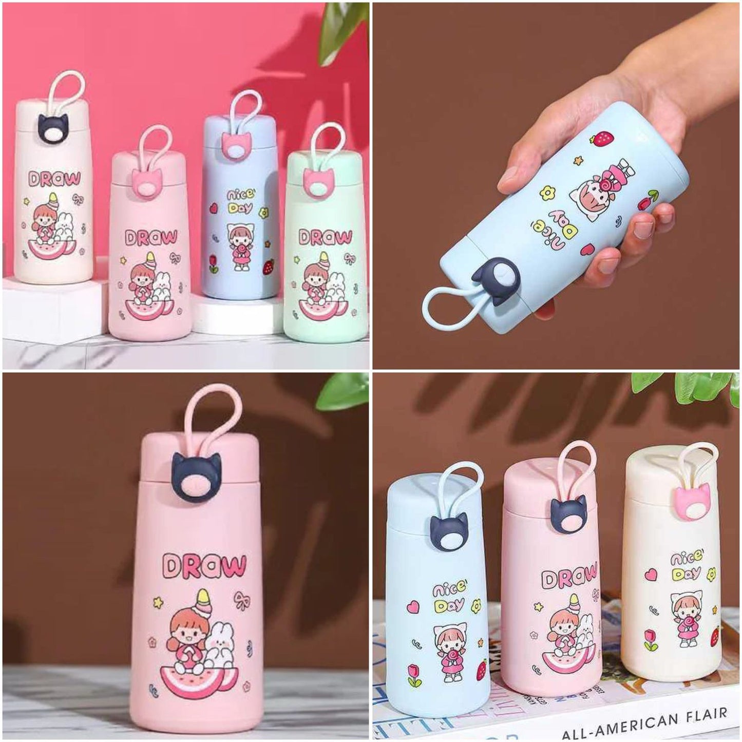 300ml Cute Printed Leakproof Glass Material Water Bottle with Silicone Protection Sleeve Cover (Mix/Random colour)
