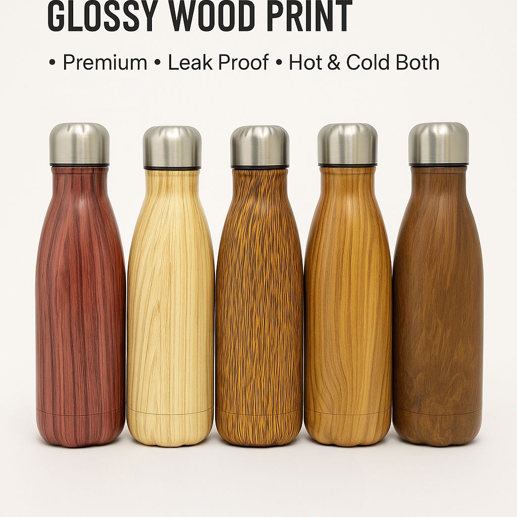 Stainless Steel Glossy Wood Printed and Pure Colour Water Bottles